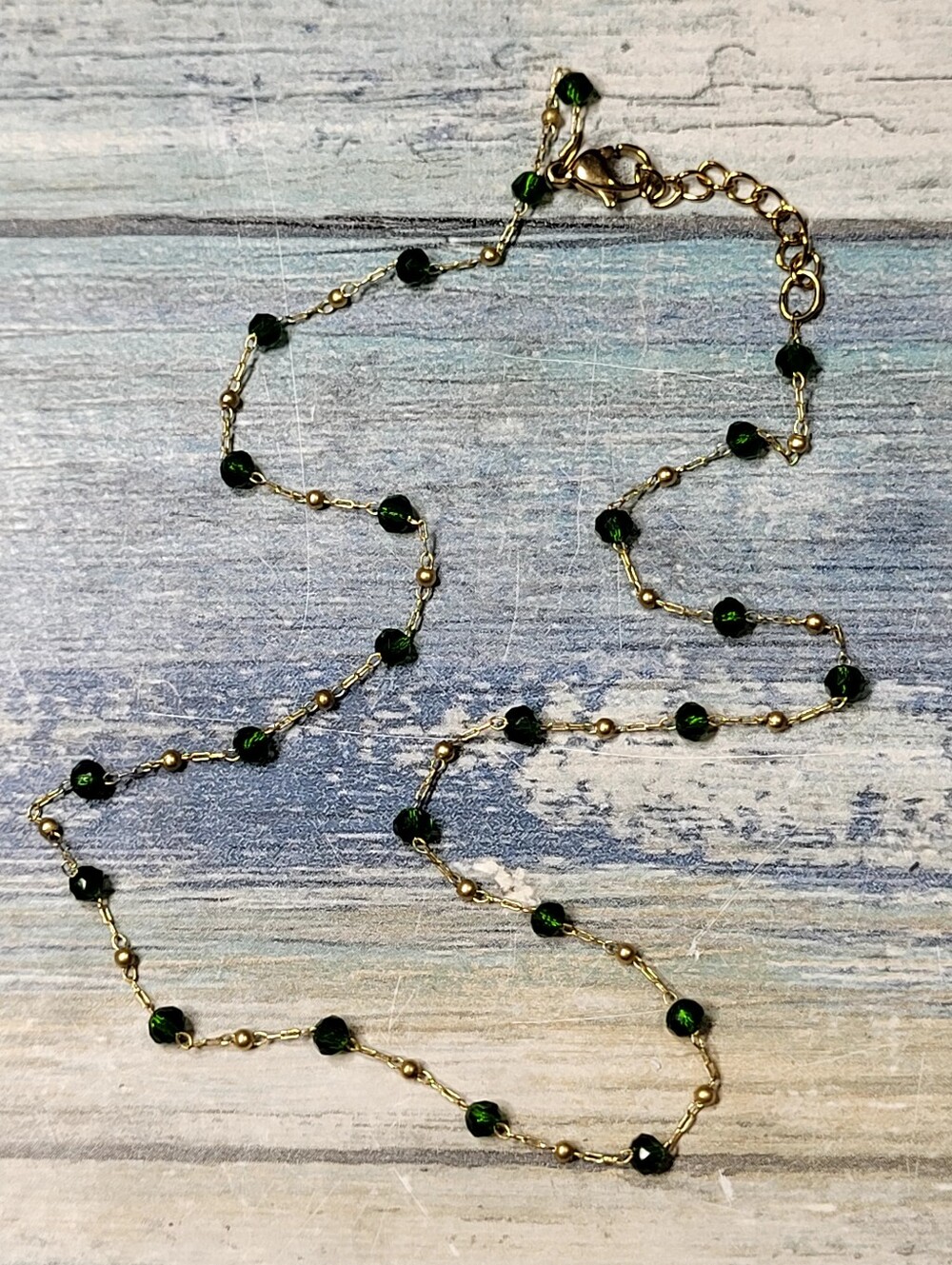 Gold Chain Necklace with Dark Green Beads - Women Jewelry